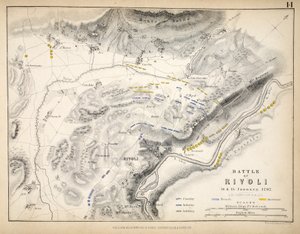 Mapa bitvy u Rivoli, kterou vydal William Blackwood and Sons, Edinburgh und London, 1848 (ručně kolorovaná rytina)